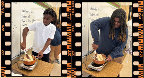Students stirring the pounded yams.